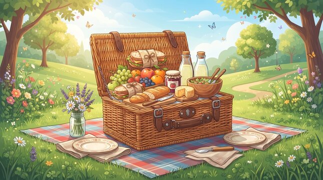 Picnic basket, outdoor feast, wicker food box, park scenery