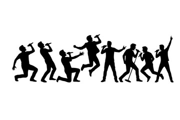 Fototapeta premium Male singer silhouettes performing with microphones on white background
