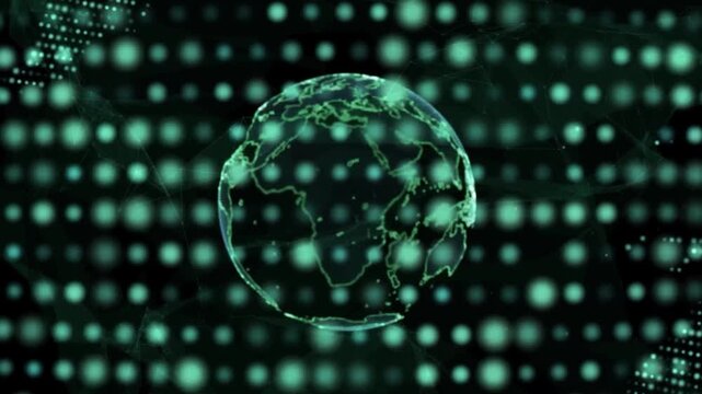 Digital green globe rotating with glowing data particles background