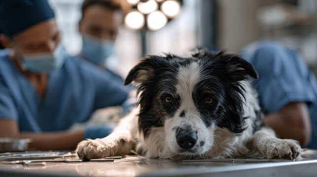Veterinary surgeon in scrubs carefully suturing a border collie on a stainless steel operating table under bright clinic lighting, surgical tools arranged nearby, animal