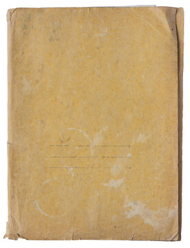 Old worn beige paper folder cover isolated on white with faded lines and damaged edges