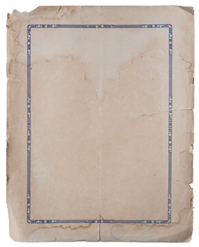 Aged vintage paper sheet with blue ornamental border isolated on white