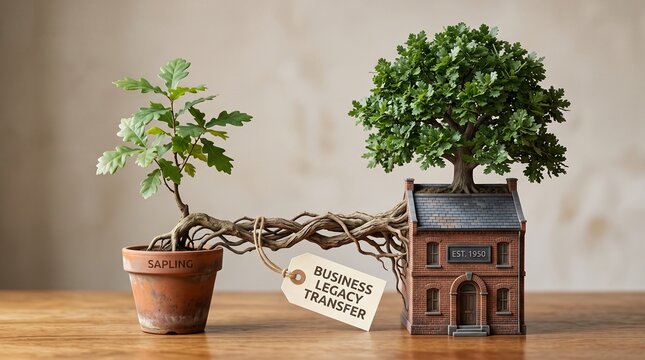 Business legacy transfer concept with tree roots connecting small sapling to established house, corporate succession and wealth growth metaphor
