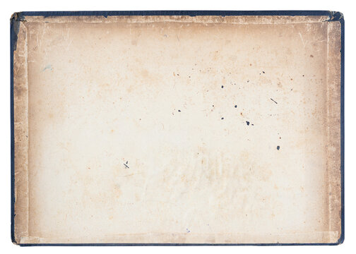 Aged blank book hardcover interior with stained beige paper, taped edges and a dark blue border isolated