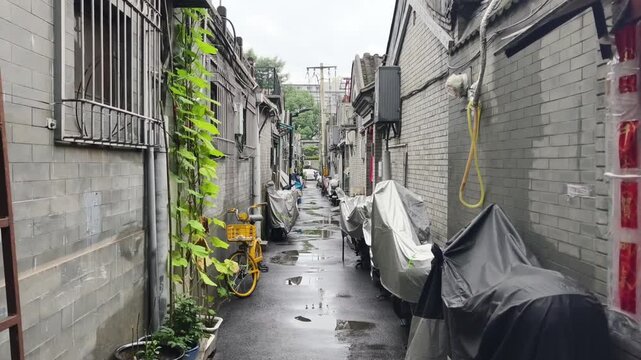 Walking Through Wet Traditional Beijing Hutong Alley After Summer Rain