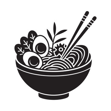 Ramen bowl with eggs and chopsticks black silhouette on white background