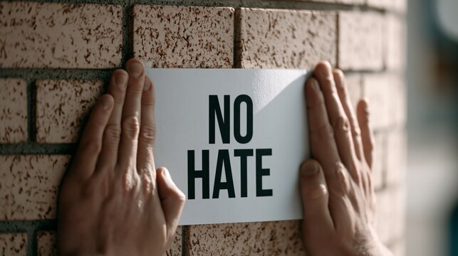 Two hands pressing a poster reading NO HATE against a brick wall. Concept of anti-hate awareness.