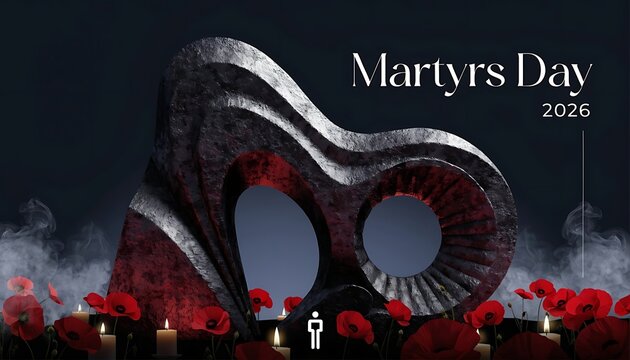 Martyrs day 2026 abstract metallic memorial sculpture surrounded by red poppies and candles with sculpture memorial metallic abstract remembrance honoring ceremony commemoration