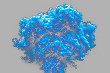 Obraz premium Blue smoke cloud explosion isolated on transparent background, abstract colored fog burst texture, dynamic mist and vapor overlay effect PNG cutout