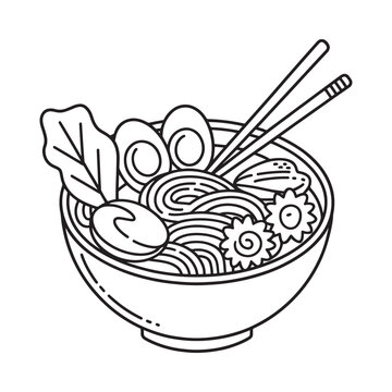 Ramen bowl with noodles eggs and vegetables black and white vector illustration