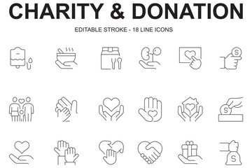 Fototapeta premium Charity and donation icons set representing giving, support, fundraising, community help and social care. Editable Stroke.