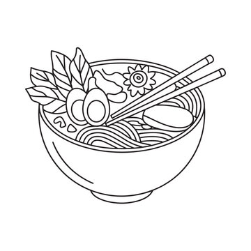 Ramen bowl with eggs and chopsticks black and white line drawing