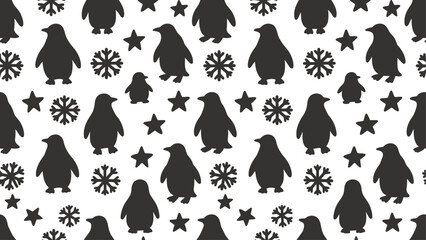 Cute Penguin Seamless Pattern with Snowflakes and Stars Silhouettes on White Background. Winter Holiday Animal Illustration. Flat vector illustration EPS 10. © Dijee Art