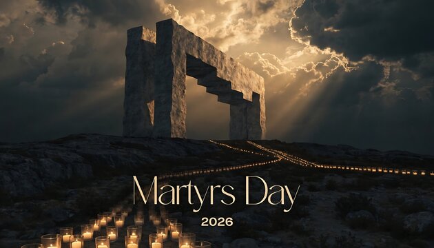 Martyrs day 2026 memorial archway with path of lit candles under stormy sky memorial remembrance honoring monument ceremony reflection sacrifice national patriotic commemoration