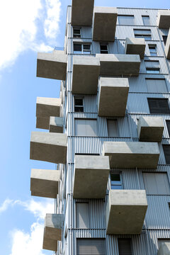 Vienna, Austria - June 14, 2023: The facade of a modern multi-storey building in the Seestadt residential complex in Vienna