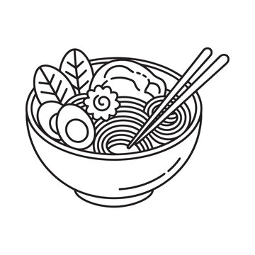 Ramen bowl with noodles egg and garnish black and white vector illustration