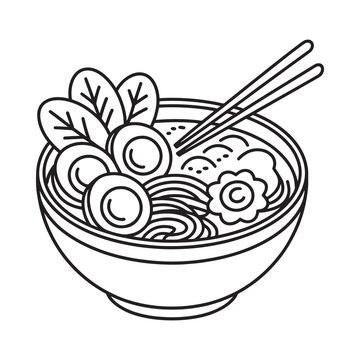 Ramen bowl with eggs and vegetables black and white line drawing