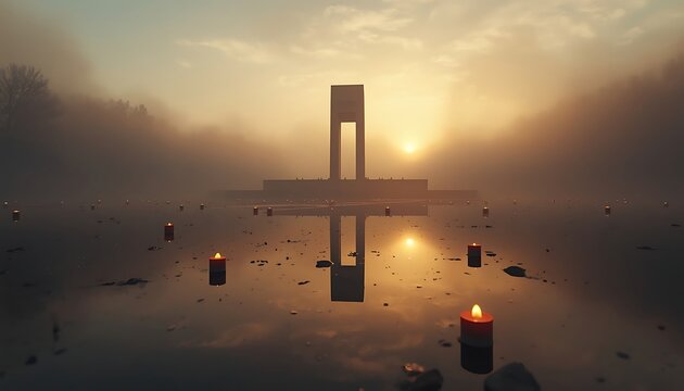 Serene national monument at sunrise with fog and scattered candles on water surface monument memorial reflection peaceful landscape tranquil architecture commemoration remembrance