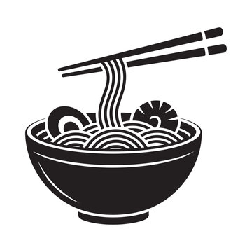 Ramen Bowl With Chopsticks Black Silhouette On White Background