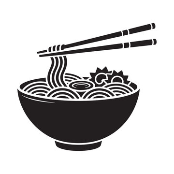Ramen bowl with chopsticks black silhouette on white background