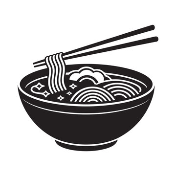 Ramen bowl with chopsticks black silhouette on white background