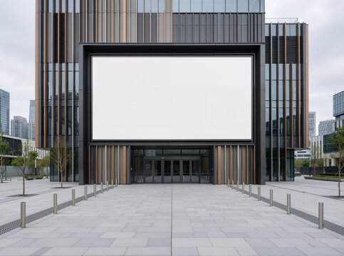 Cultural Canvas: Blank Ultra-Wide Billboard on Sleek Fa&ccedil;ade&mdash;Stone Plaza, Steel Bollards, and 8K Architectural Precision
