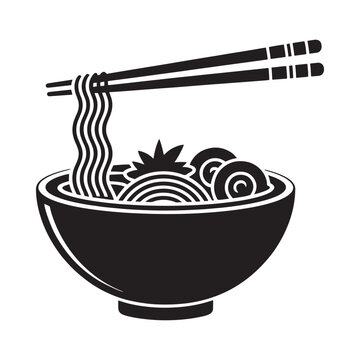 Ramen bowl with chopsticks black silhouette on white background