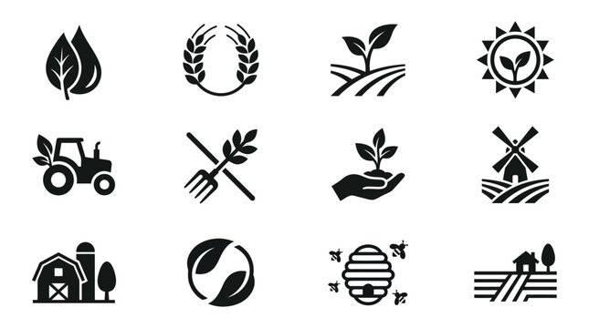 Black silhouette icons for agriculture and rural farming.