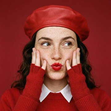 Playful portrait of a freckled young woman puckering her red lips while wearing a vibrant red leather beret and sweater