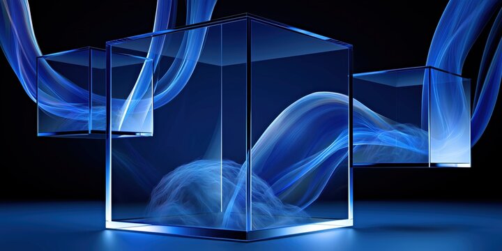 Transparent glass cubes with blue smoke for futuristic technology display.

