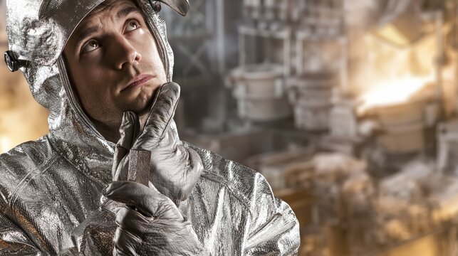 Steelworker holding a steel sample bar in a mill while thinking. Concept of quiz, consultation and trivia about steelmaking.