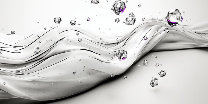 Luxury silver fluid abstract wave with crystal accents isolated on white for branding.

