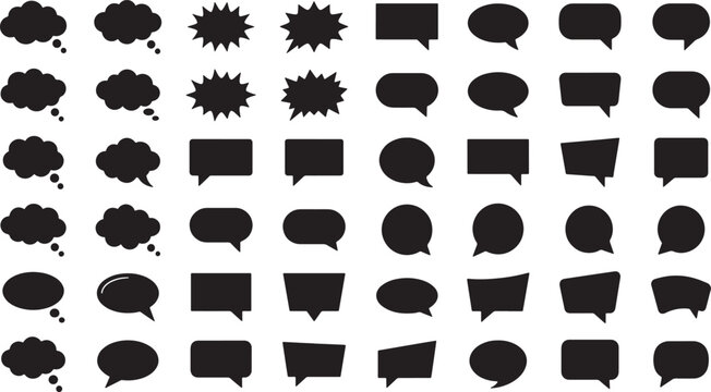 Collection of black speech bubbles and thought clouds in various geometric shapes for communication design and digital interface elements