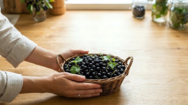 Person holding wicker basket filled with fresh black berries on wooden table with potted plants, ideal for food and lifestyle content.