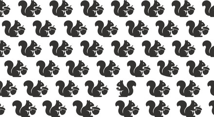 Fototapeta premium Seamless Pattern of Cute Black Squirrel Silhouettes Holding Acorns on White Background. Flat vector illustration EPS 10.