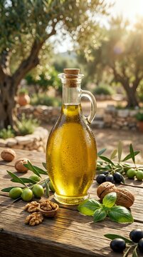 Golden olive oil in glass bottle with cork stopper displayed on wooden table surrounded by fresh olives, walnuts, and basil leaves in Mediterranean orchard setting for culinary and cooking use.