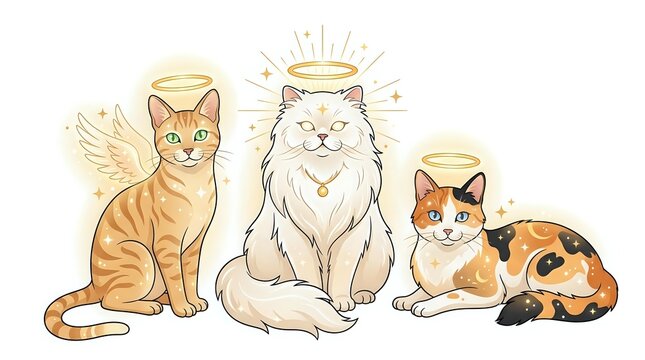 Tabby and calico cats with golden halos and angel wings, isolated on white background, suitable for greeting cards, t-shirt designs and spiritual artwork.