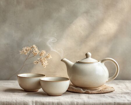 Elegant tea set with steam and dried flowers.