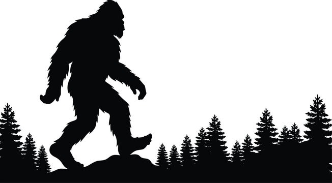 Minimalist black silhouette vector illustration of a bigfoot creature walking through a dense pine forest