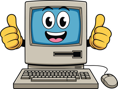 Cute vintage computer cartoon character vector illustration, retro desktop mascot showing thumbs up isolated graphic layout