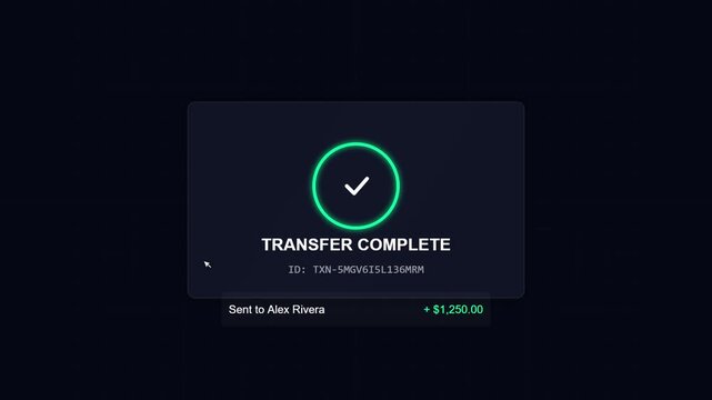 Digital money transfer interface showing a successful payment completion