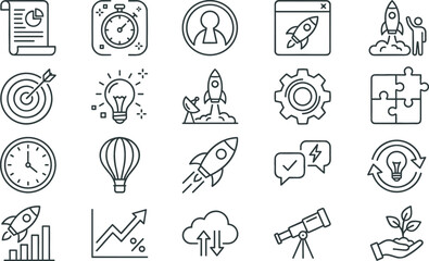 Fototapeta premium Business Startup Line Icon Set with Rocket Launch, Innovation Idea, Strategy Target, and Financial Growth Symbols for Entrepreneurial Websites and Apps