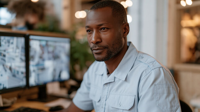Loss prevention officer reviewing time-stamped surveillance footage at a retail back-office station, security career, retail industry behind the scenes, professional