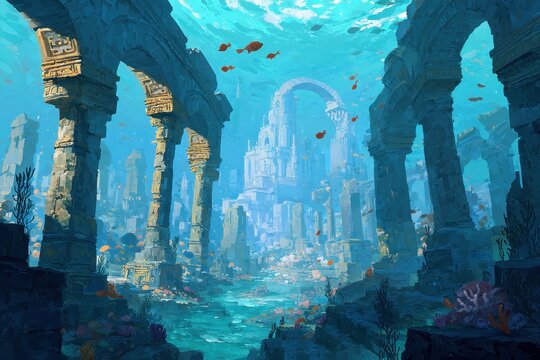 Dreamlike submerged metropolis featuring ancient temples, towering columns, and sea life in tranquil depths