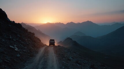 Obraz premium Dusty alpine landscape with a single vehicle silhouette on a winding rocky trail