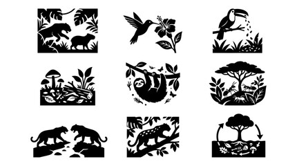 Fototapeta premium Black silhouettes of jungle animals icons.