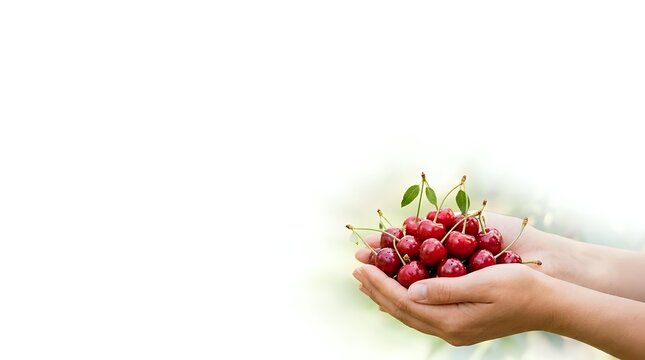 Hands holding fresh red cherries with green leaves on white background, isolated for organic food, agriculture, and healthy eating design projects.