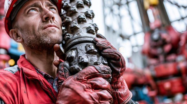 Drilling engineer holding a tricone drill bit on an oil rig while thinking. Concept of quiz, consultation and trivia about oil drilling.