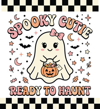 Cute halloween vector ghost with pumpkin spooky cutie ready to haunt design for fall celebrations