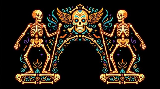 Ornate golden skeletons with jeweled skulls and decorative wings frame a central ornamental skull emblem on black background, suitable for gothic, Halloween, day of the dead designs and merchandise.